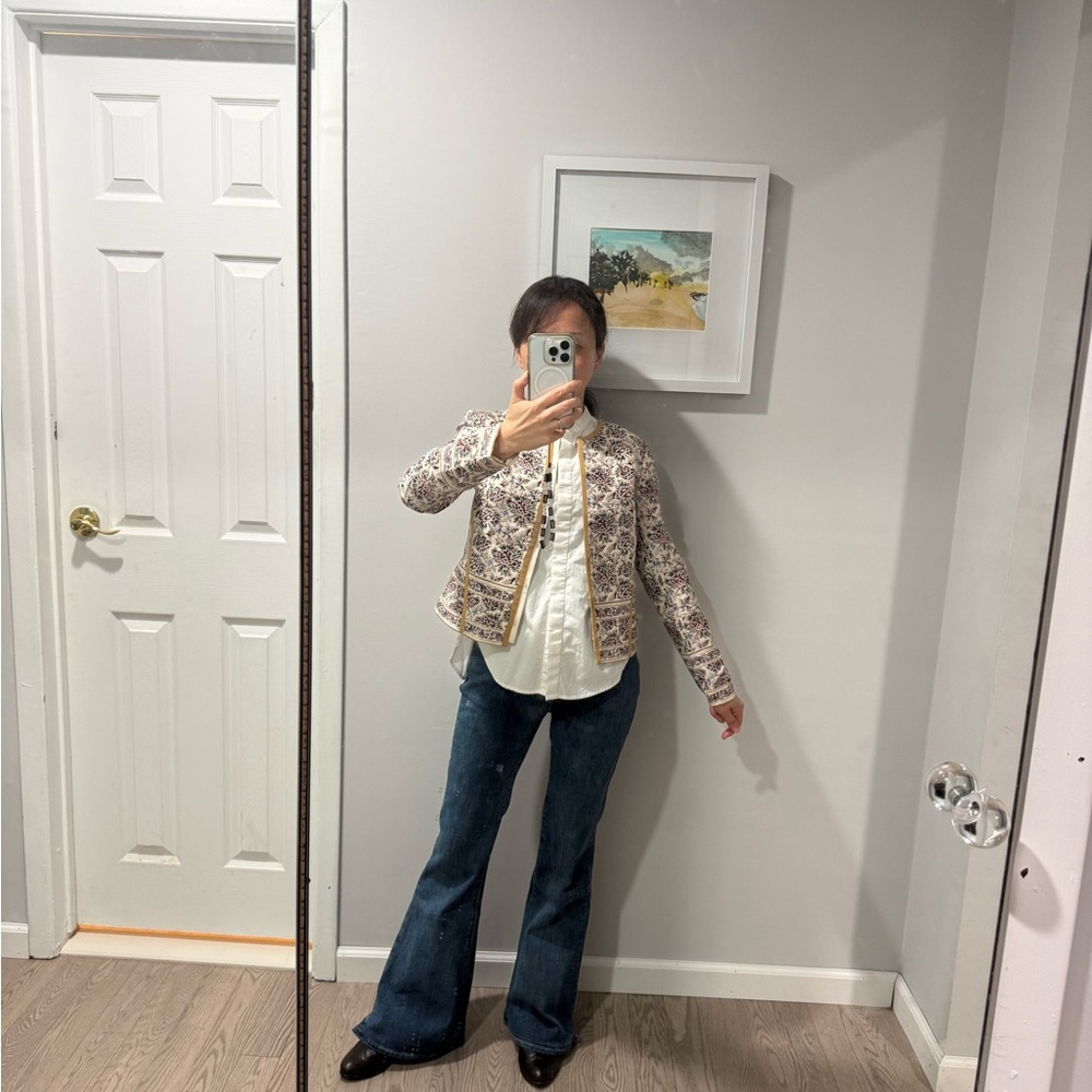 Tory Burch Floral Jacquard Crewneck Jacket with Tan Trim - Picture 11 of 11